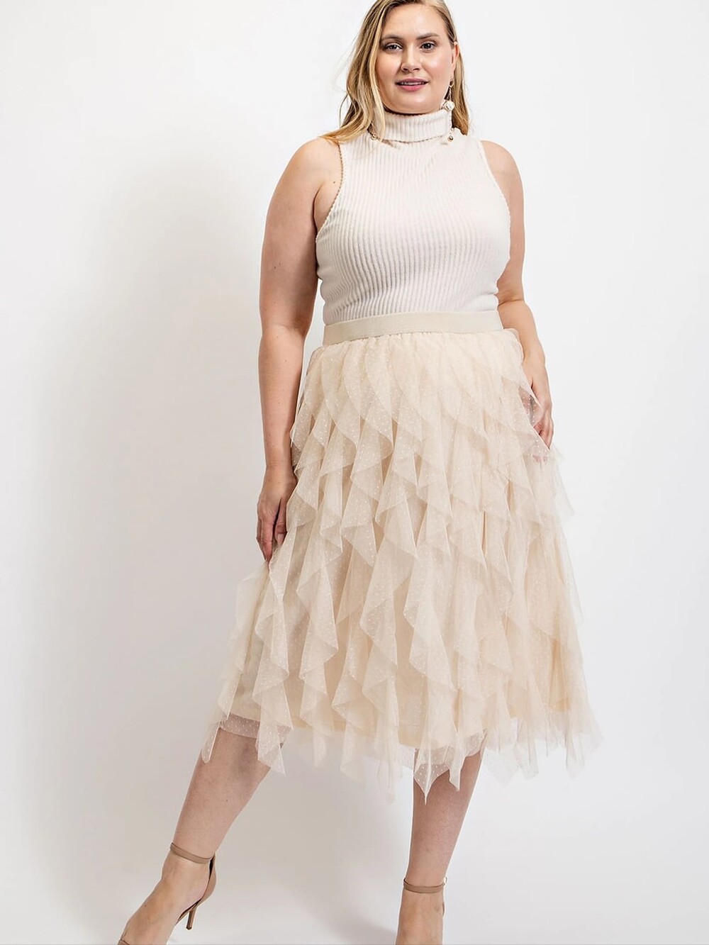 Plus Champagne Polka Dot Mesh and Tulle Skirt